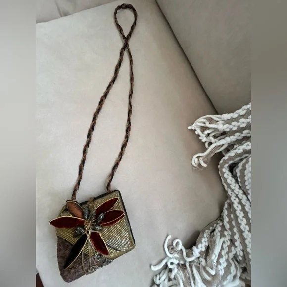 Mary Frances Elegant Gold Burgundy Beaded Velvet Trim Dragonfly Crossbody Purse - Picture 2 of 12